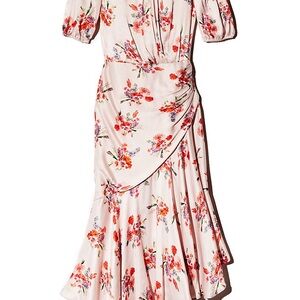 AMUR Pink Midi Dress with Puff Sleeves and Ruffled Skirt